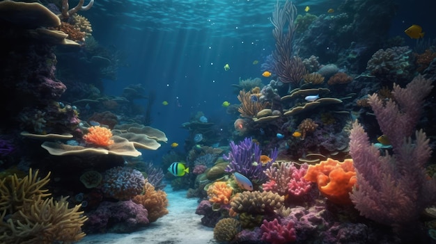 Um recife de coral com um peixe nadando na água.