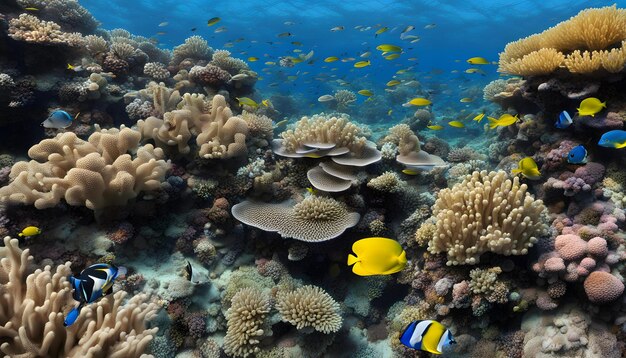 Foto um recife de coral com uma escola de peixes e um peixe amarelo