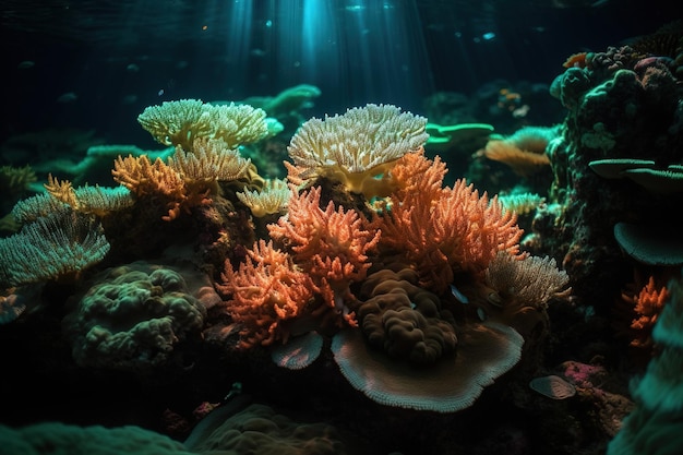 Um recife de coral com uma luz azul ao fundo
