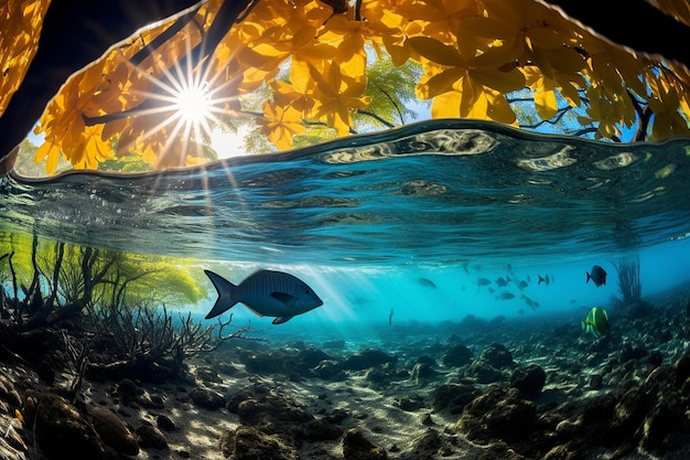 Foto um recife de coral subaquático vibrante com peixe-cirurgião