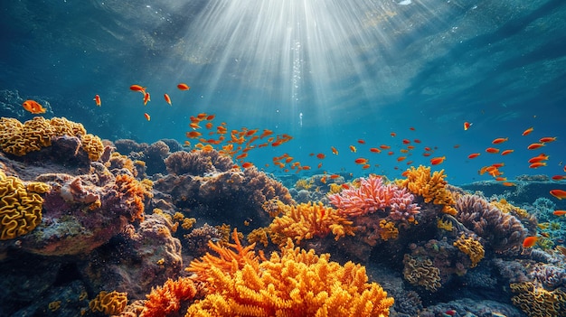 Um recife de coral vibrante repleto de vida debaixo do oceano. Os raios solares da superfície penetram na água, destacando a diversidade do ecossistema.