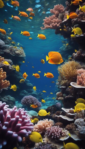 Um recife de coral vibrante repleto de vida marinha diversificada, um colorido ecossistema subaquático de alto detalhe.