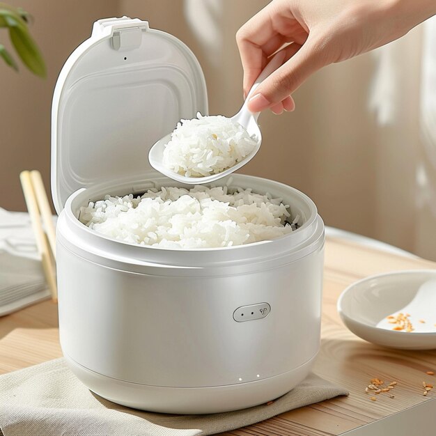 um recipiente de arroz branco com uma colher e uma colher