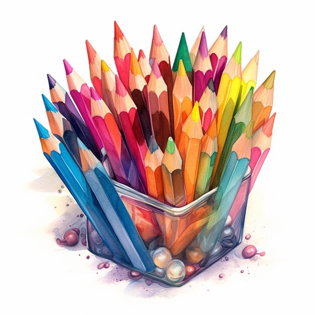Foto um recipiente de lápis coloridos com um sendo desenhado nele.