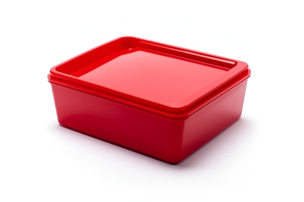 Um recipiente de plástico vermelho que diz 'comida' nele
