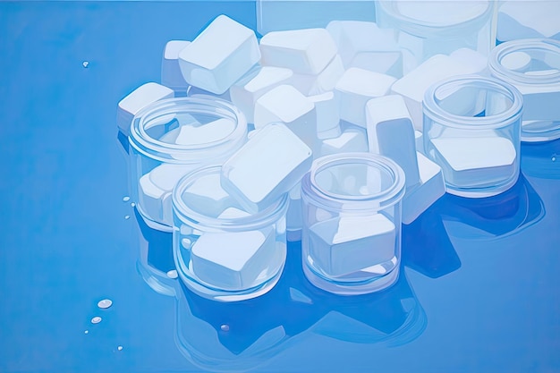 um recipiente de remédio derrama-se sobre uma superfície azul no estilo de figuras brancas monocromáticas
