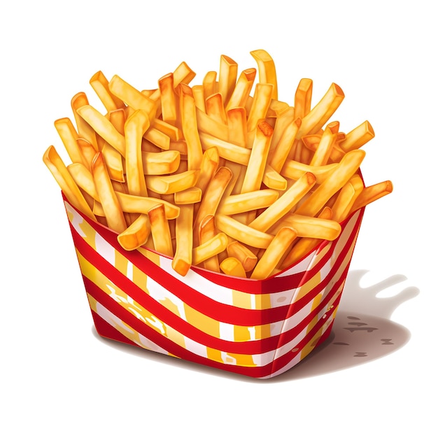 Um recipiente listrado vermelho e branco de batatas fritas.