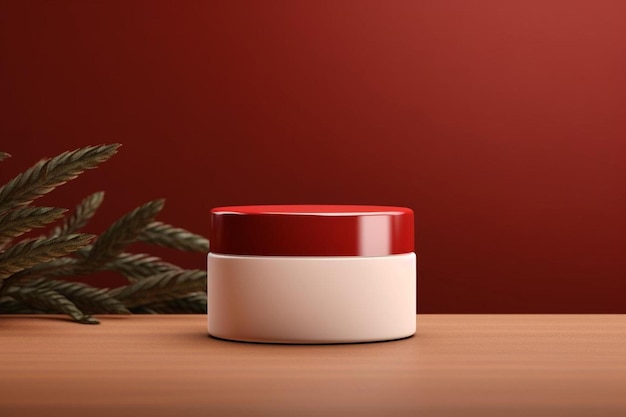 um recipiente vermelho e branco sentado em cima de uma mesa de madeira