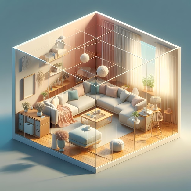 Um recorte de cubo de uma sala de estar isométrica em 3D renderizada por Ai generativa
