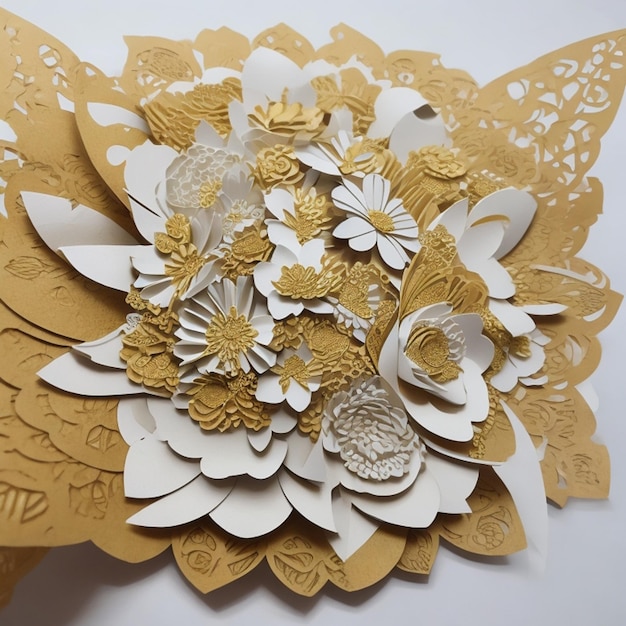 Um recorte de papel de flores com sotaques dourados