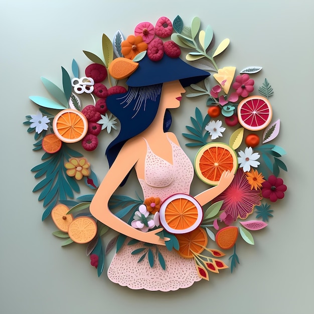 Um recorte de papel de uma mulher com um chapéu e um cacho de frutas no meio.