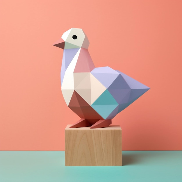 Foto um recorte de papel de uma pomba é exibido em um bloco de madeira.