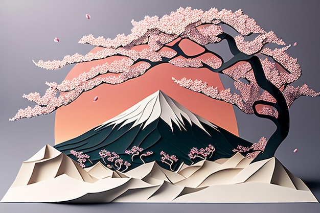 Um recorte de papel do Monte Fuji com uma cerejeira rosa em primeiro plano.
