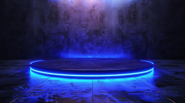 Um redemoinho azul claro Um efeito de luzes curvas em uma linha azul Um círculo azul luminoso Uma plataforma de pódio e mesa azul claro Uma ilustração moderna azul claro