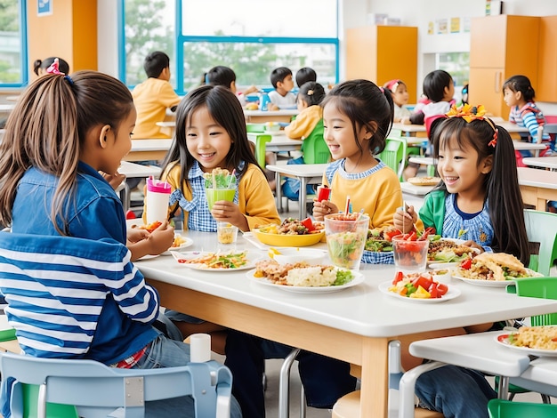 Um refeitório escolar cheio de crianças desfrutando de sua pausa de almoço 1 gerado por IA