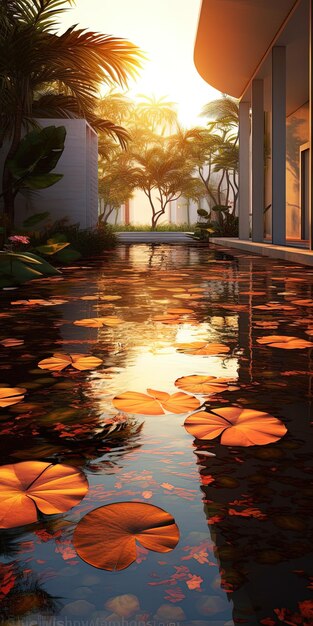um reflexo de água de uma casa com uma lagoa e uma casa com um reflexo do sol