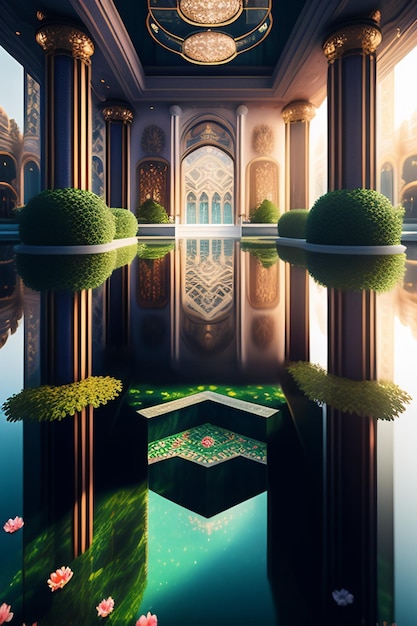 Um reflexo de um edifício na água
