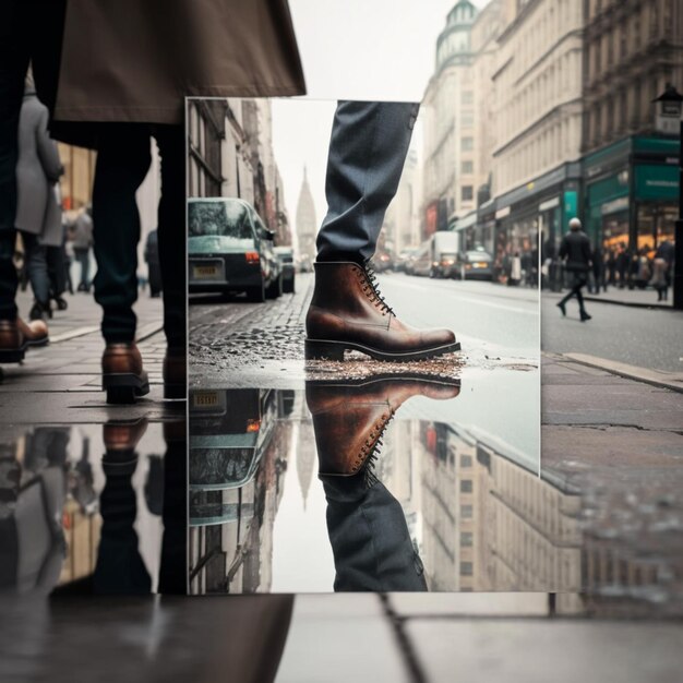 Um reflexo de um homem com uma bota marrom e uma placa que diz "a palavra" nela.