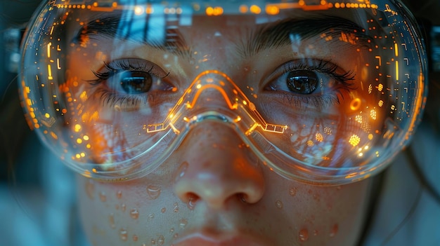 Um reflexo em óculos mostra um engenheiro examinando a tecnologia de IA