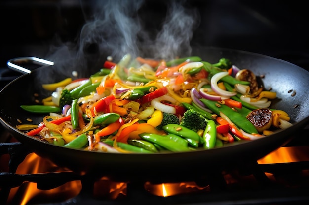 Um refogado de legumes colorido em uma frigideira quente 1