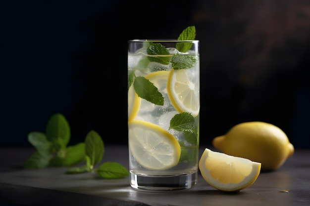 Um refrescante copo de limonada decorado com fatias de limão fresco e raminhos de hortelã Generative Ai