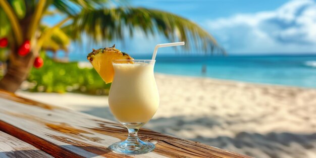 Um refrescante coquetel de abacaxi na mesa da praia com vista para o oceano.
