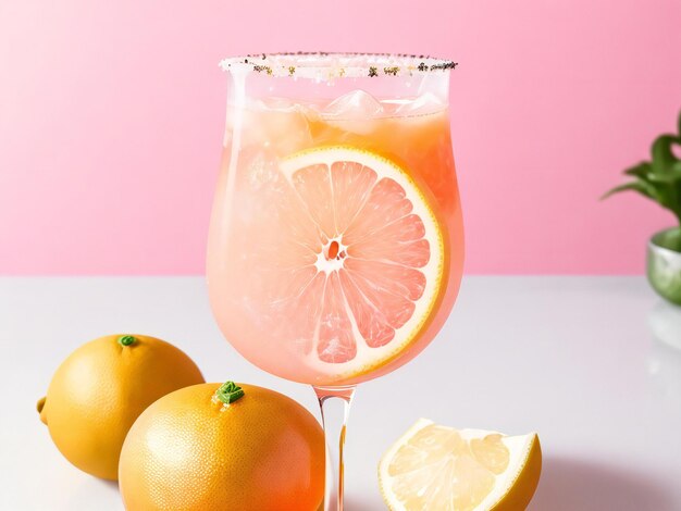 Um refrescante coquetel de cítricos num copo de grapefruit rosa