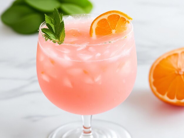 Um refrescante coquetel de cítricos num copo de grapefruit rosa