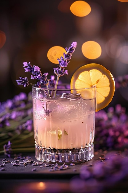 Um refrescante coquetel de lavanda adornado com um galho de lavanda e uma fatia de limão