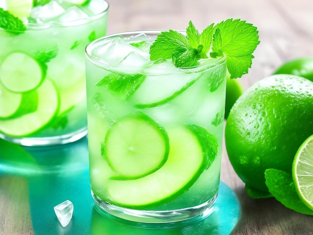 Um refrescante coquetel de mojito com hortelã-limão e cubos de gelo.