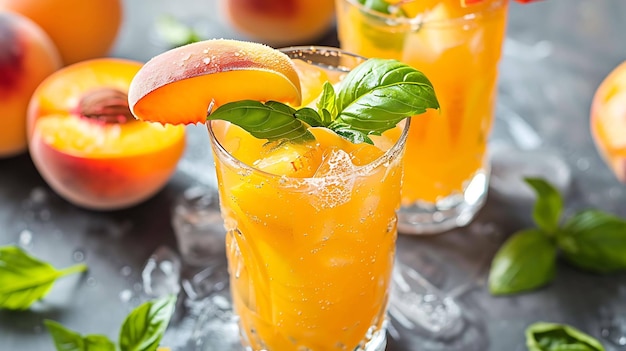 Foto um refrescante coquetel de pêssego com folhas de manjericão e cubos de gelo perfeito para festas de verão e reuniões