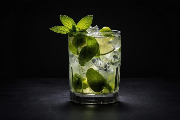 Foto um refrescante coquetel mojito em fundo escuro