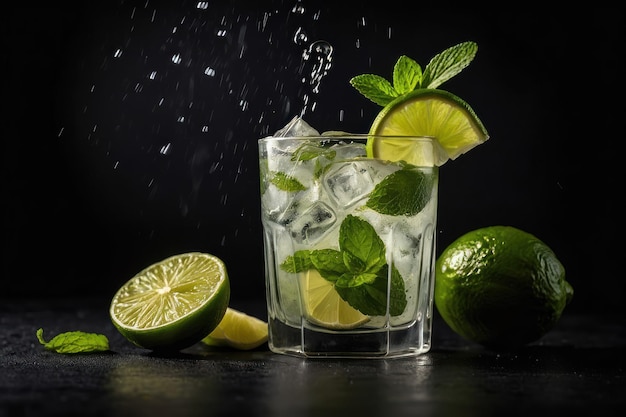 Foto um refrescante coquetel mojito em fundo escuro