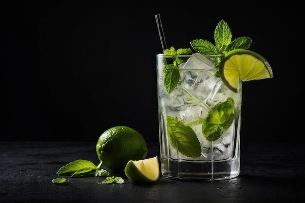 Um refrescante coquetel Mojito em fundo escuro