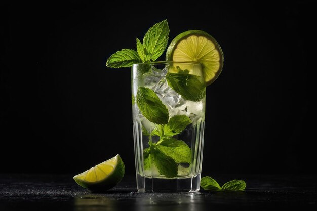 Um refrescante coquetel Mojito em fundo escuro