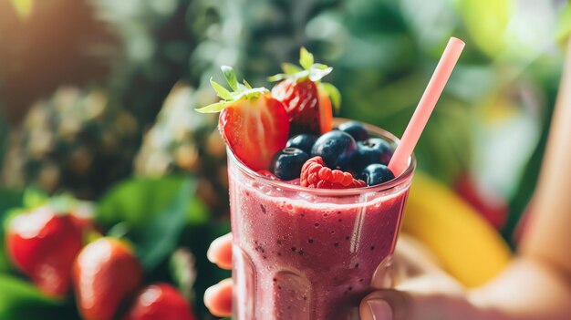 Foto um refrescante e saudável smoothie de morango, framboesa e mirtilo num copo segurado pela mão