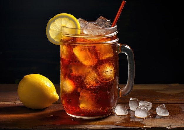 Um refrescante Long Island Iced Tea servido em um pote de vidro com cubos de gelo tilintando