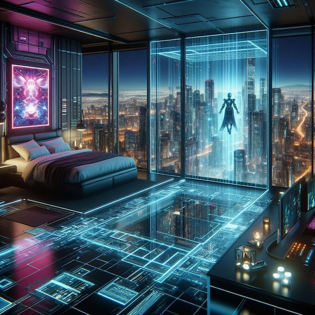 Um refúgio futurista de cyberpunk, luzes de néon, ecrãs holográficos e uma cama levitante maravilhosa.