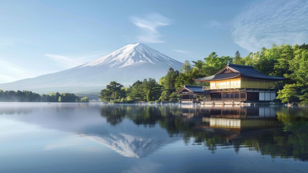 Foto um refúgio sereno à beira de um lago com o monte fuji refletido nas águas calmas, oferecendo uma fuga tranquila da agitação da vida da cidade.