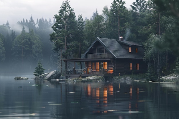 Um refúgio sereno à beira do lago com uma cabana aconchegante