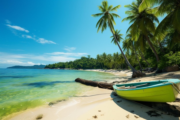 Um refúgio tropical, uma natureza bonita, uma praia de palmeiras, um mar azul, uma ilha paradisíaca.