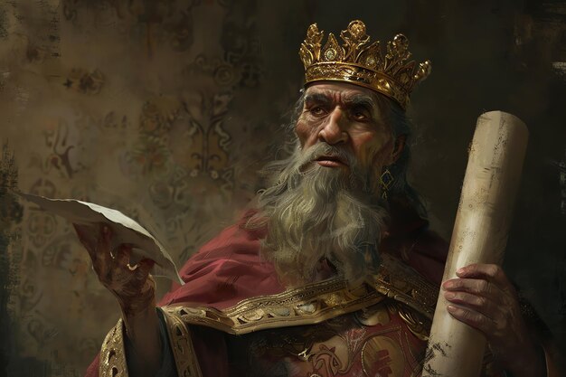 Foto um rei rabino vestindo uma coroa e segurando um pergaminho enrolado fantasia