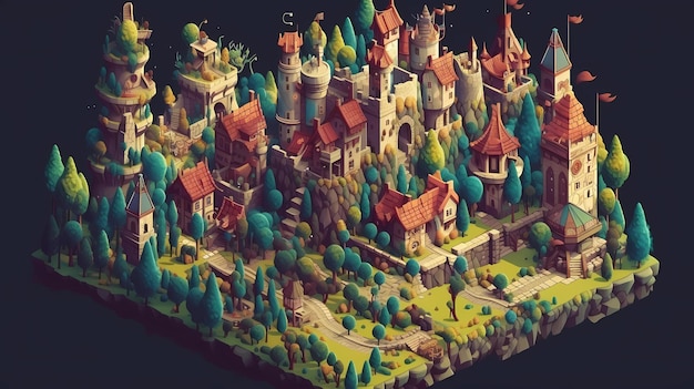 Um reino mágico com ilustração de arte digital de castelos imponentes