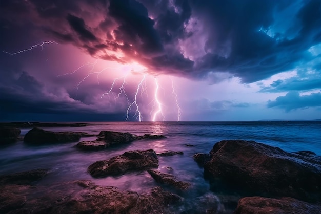 Um relâmpago sobre o oceano com um céu roxo e o sol brilhando no horizonte.