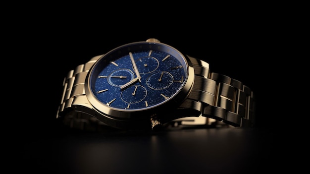 Um relógio com mostrador azul e pulseira prateada