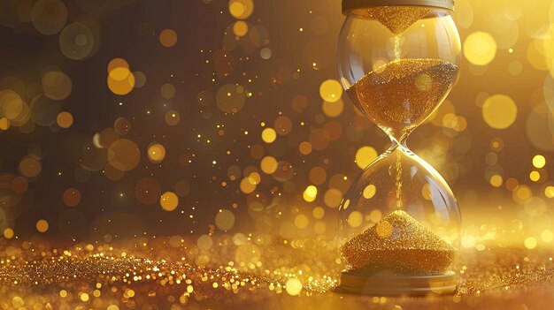 Foto um relógio de areia com areia dourada é colocado em uma superfície brilhante contando o tempo com um fundo desfocado