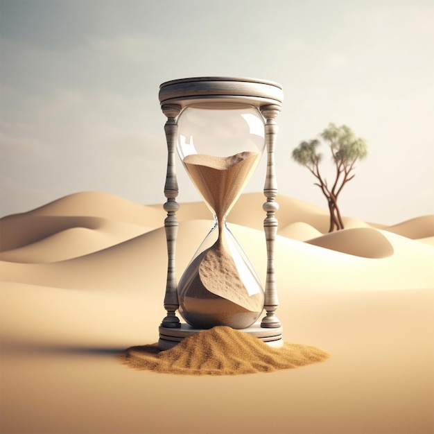 Um relógio de areia está sendo exibido no deserto.