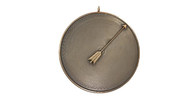 Um relógio de parede de bronze com um círculo com uma flecha nele.