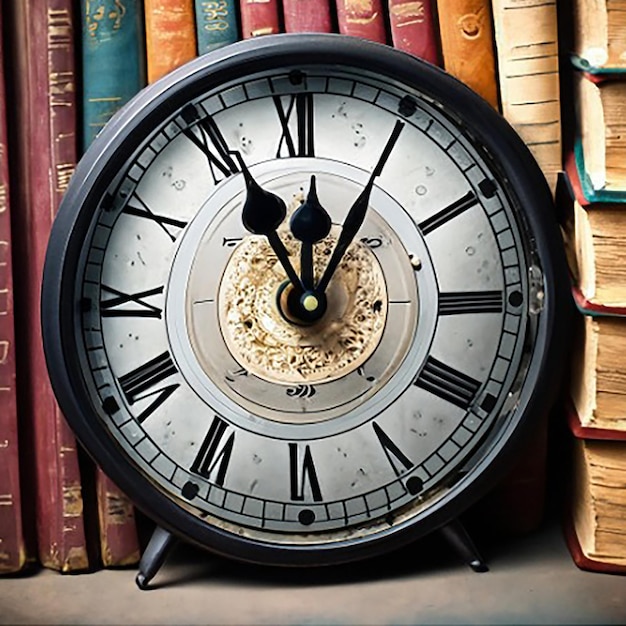 Um relógio de pêndulo batendo em um canto esquecido de uma antiga biblioteca