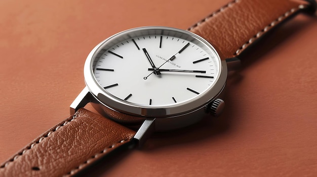 Um relógio de pulso simples e elegante com uma alça de couro castanho O relógio tem um mostrador branco com ponteiros e marcadores de prata
